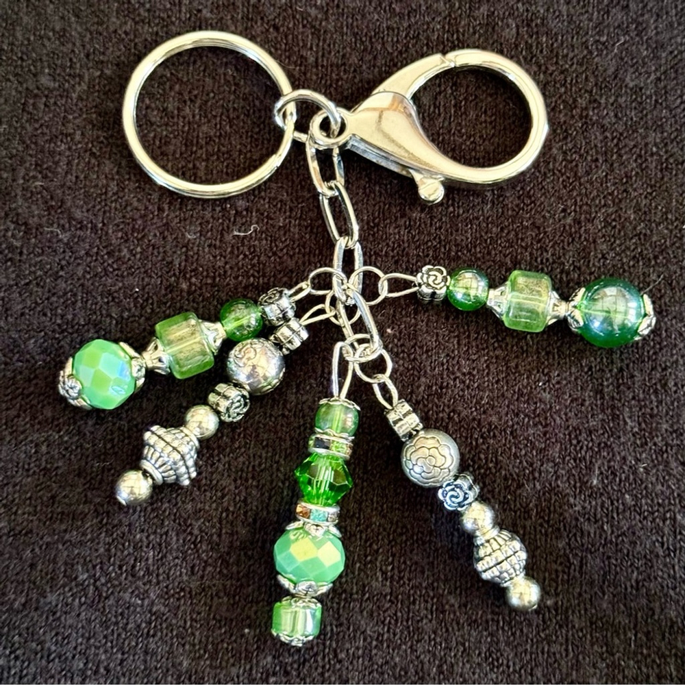 NEW Green and Silver Handmade Bag Charm Keychain One of a Kind Crystal Beads